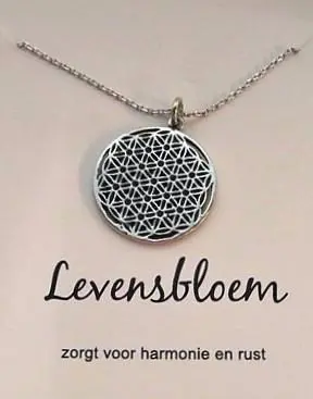 Levensbloem hanger aan ketting, op cadeaukaartje