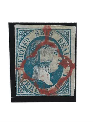 Spanje 1851 - Isabella II. 6 reales blue. Red spider type postmark. Graus certificate - Edifil 10