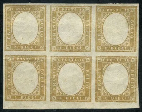 Italiaanse oude staten - Sardinië 1855/1863 - 10 cents bistre, block of 6 without effigy. Natural stamp - Bolaffi 11B
