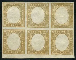 Italiaanse oude staten - Sardinië 1855/1863 - 10 cents bistre, block of 6 without effigy. Natural stamp - Bolaffi 11B