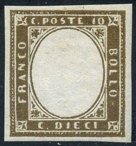 Italiaanse oude staten - Sardinië 1855 - Vittorio Emanuele II, 10 c. bistro oliva senza effigie. Raro in tale tinta. Francobollo naturale - Bolaffi 11B