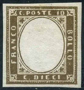 Italiaanse oude staten - Sardinië 1855 - Vittorio Emanuele II, 10 c. bistro oliva senza effigie. Raro in tale tinta. Francobollo naturale - Bolaffi 11B