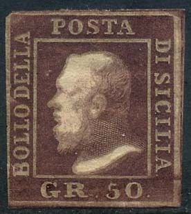 Italiaanse oude staten - Sicilië 1859 - Ferdinand II, 50 grana lacquer, oily print. - Sassone N. 14