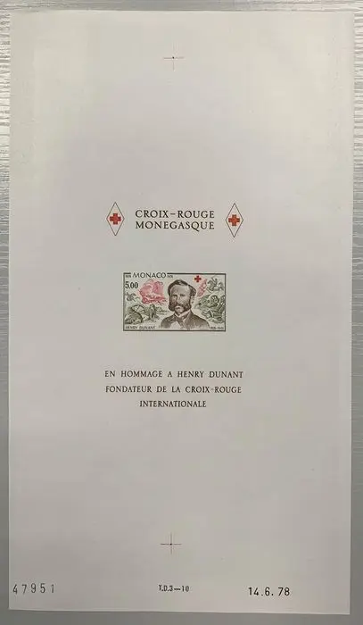Monaco - Rare Henri Dunant Red Cross block, numbered and dated sheet. Superb - Yvert BF n° 15