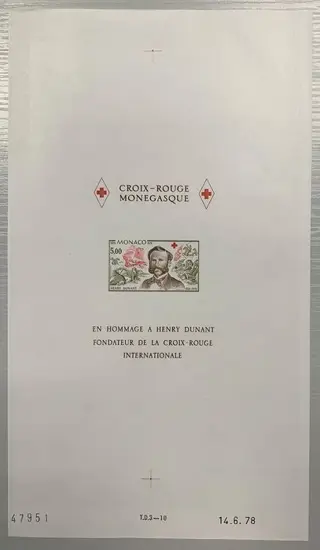 Monaco - Rare Henri Dunant Red Cross block, numbered and dated sheet. Superb - Yvert BF n° 15