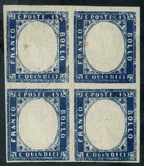 Koninkrijk Italië 1863 - 15 centesimi azzurro. Quartina senza effigie. - Sassone N. 11m