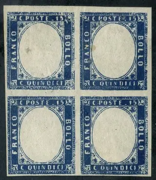 Koninkrijk Italië 1863 - 15 centesimi azzurro. Quartina senza effigie. - Sassone N. 11m