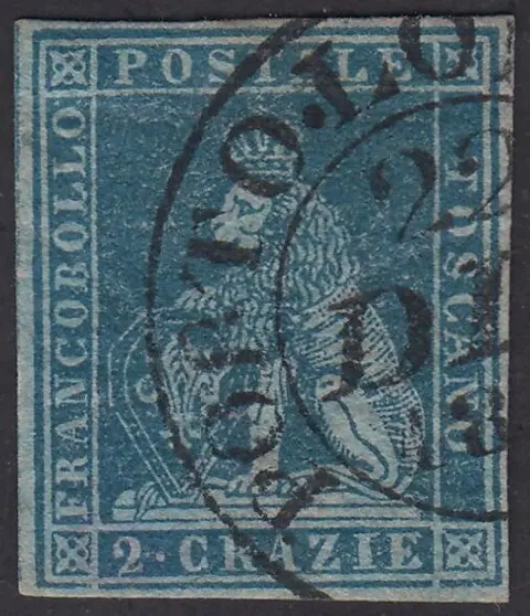 Italiaanse oude staten - Toscane 1851 - I emissione, 2 crazie azzurro vivo su carta azzurra e filigrana corona - Sassone N. 5b