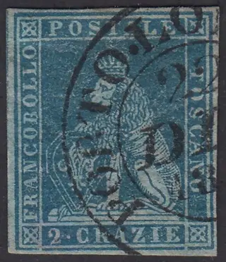 Italiaanse oude staten - Toscane 1851 - I emissione, 2 crazie azzurro vivo su carta azzurra e filigrana corona - Sassone N. 5b