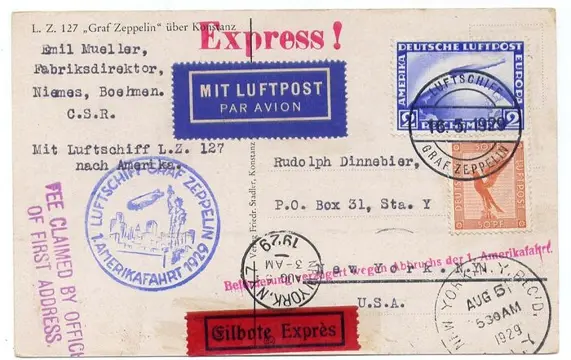 Duitse Rijk 1929 - Zeppelin LZ 127 - 1. AMERIKAFAHRT –1st America Flight :Express card to New York : variant - Sieger 26 b / 27 b , Michel 23 b / 27 b
