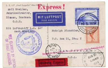 Duitse Rijk 1929 - Zeppelin LZ 127 - 1. AMERIKAFAHRT –1st America Flight :Express card to New York : variant - Sieger 26 b / 27 b , Michel 23 b / 27 b