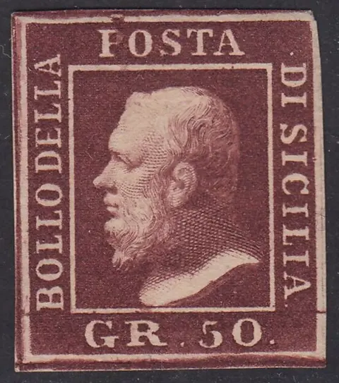 Italiaanse oude staten - Sicilië 1859 - Effigy of Ferdinand II of Bourbon, 50 gr. brown lacquer, Naples paper - Sassone N. 14
