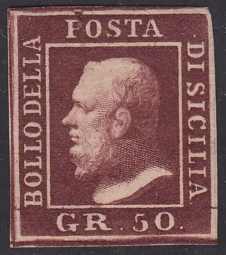 Italiaanse oude staten - Sicilië 1859 - Effigy of Ferdinand II of Bourbon, 50 gr. brown lacquer, Naples paper - Sassone N. 14