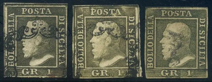 Italiaanse oude staten - Sicilië 1859 - Ferdinand II, 1 grano 2nd and 3rd plate. With expert’s report - Sassone N. 4, 5, 5a