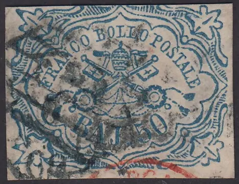 Italiaanse oude staten - Pauselijke Staat 1852 - I emissione 50 bajocchi azzurro - Sassone N. 10