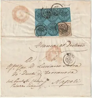 Italiaanse oude staten - Pauselijke Staat 1852 - 1st issue, 7 b. block of 5 + 4 b. on letter from Rome early days to Naples, certified rarity - Sassone n.5+8