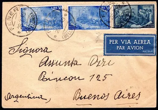 Italiaanse Republiek 1948 - Beautiful aerogramme stamped in rate for 160 lire with the ‘Risorgimento’ set 100l. + 30 l. (x2) - Sass. n° 591+589