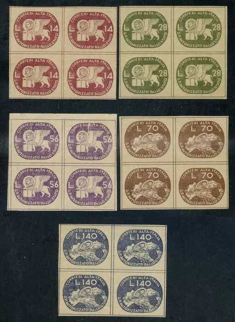 Italië 1945 - Lieutenancy, Corrieri Alta Italia (Coralit), St Mark’s Lion and bicycle, 5 values in block of four - Sassone N. 3/7