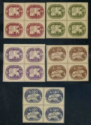 Italië 1945 - Lieutenancy, Corrieri Alta Italia (Coralit), St Mark’s Lion and bicycle, 5 values in block of four - Sassone N. 3/7