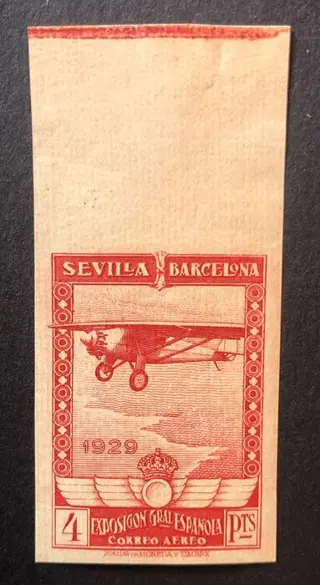 Spanje 1929 - Seville Barcelona Exhibition. 4 pesetas carmine. Stamp with colour change, imperforated. Sheet - Edifil 453ccs
