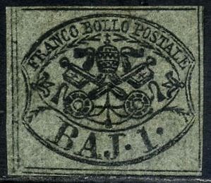 Italiaanse oude staten - Pauselijke Staat 1852 - 1 baj grey green, with oily print and the 4 complete framing lines. Beautiful - Sassone N. 2b