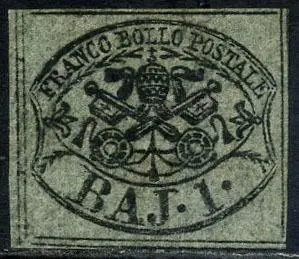 Italiaanse oude staten - Pauselijke Staat 1852 - 1 baj grey green, with oily print and the 4 complete framing lines. Beautiful - Sassone N. 2b