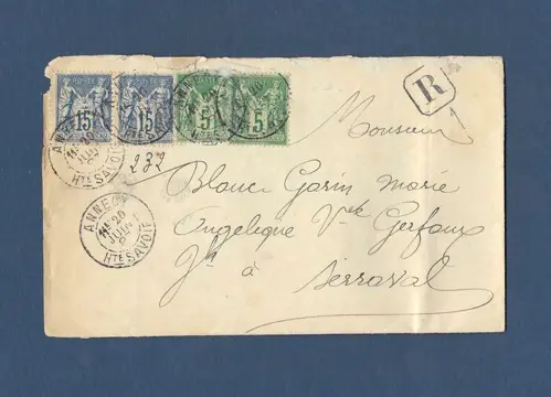 Frankrijk 1897 - Magnifique lettre de convocation au tribunal de première instance d'Annecy de 1897, avec 2 n90+2 n75 - catalogue Yvert&Tellier édition 2021