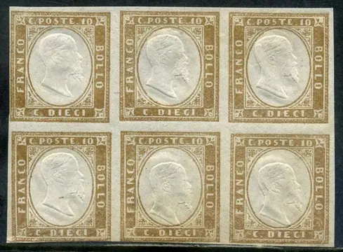 Italiaanse oude staten - Sardinië 1863 - 10 cents bistre. Block of 6 pieces, 5 of which with double effigy. - Sassone 14E