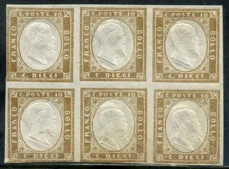 Italiaanse oude staten - Sardinië 1863 - 10 cents bistre. Block of 6 pieces, 5 of which with double effigy. - Sassone 14E