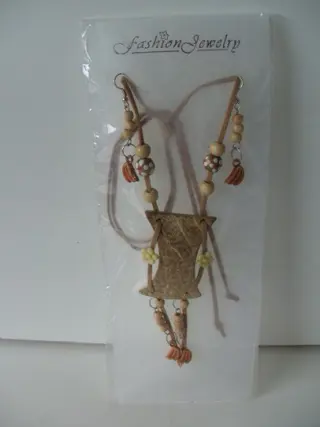 KETTING MET OORBELLEN HOUT &amp; LEER (12) NIEUW