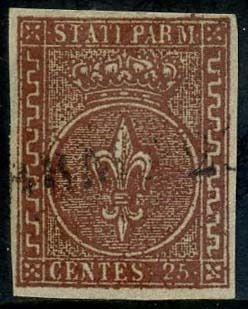 Italiaanse oude staten - Parma 1853 - Bourbon fleur-de-lis, 25 cents red brown with very wide margins. Extremely fine. - Sassone N. 8