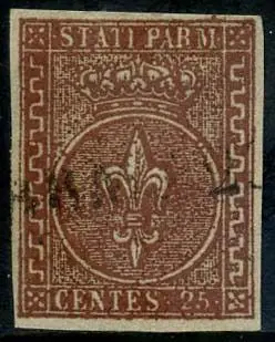 Italiaanse oude staten - Parma 1853 - Bourbon fleur-de-lis, 25 cents red brown with very wide margins. Extremely fine. - Sassone N. 8