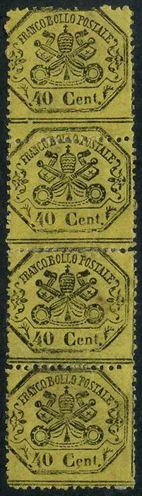 Italiaanse oude staten - Pauselijke Staat 1867 - 40 centesimi striscia di 4. L'esemplare superiore ha la dentellatura orizzontale spostata in basso - Sassone N. 29