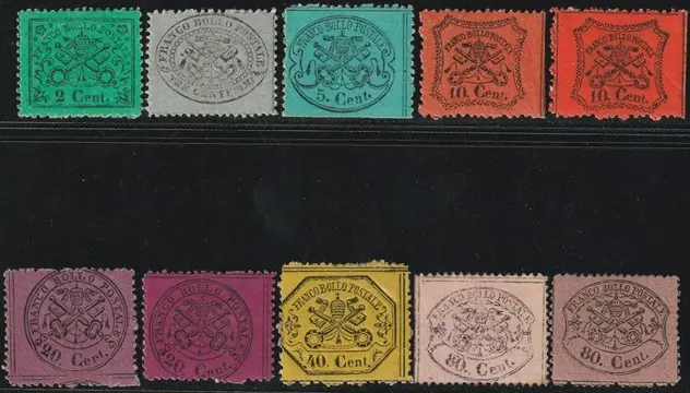 Italiaanse oude staten - Pauselijke Staat 1868 - 3rd issue, set of 10 values from 2 c. to 80 c. not issued, mint with gum, rare, with experts’ - Sassone n.22+24+25+26+26a+28+28f+29b+30+31