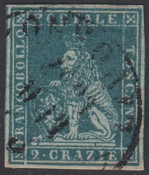 Italiaanse oude staten - Toscane 1851 - I emissione, 2 crazie verde azzurro su carta grigia e filigrana corona - Sassone N. 5f