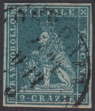 Italiaanse oude staten - Toscane 1851 - I emissione, 2 crazie verde azzurro su carta grigia e filigrana corona - Sassone N. 5f