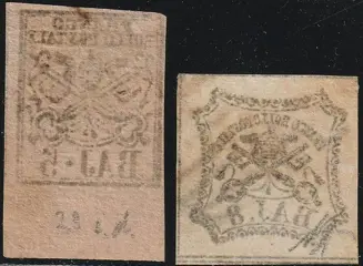 Italiaanse oude staten - Pauselijke Staat 1852 - 1st issue, 5 b. light pink + 8 b. white, used with good margins, with ink gone through the back, - Sassone n.6+8 var