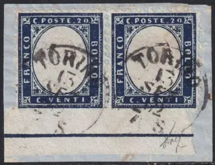Koninkrijk Italië 1862 - I^ Em. 20 c. coppia non dentellata in basso bordo integrale usata molto rara Certificata - Sassone n.2l