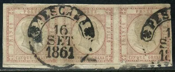 Napolitaanse provincies 1861 - Victor Emmanuel II, 5 grana lilac pink. Strip of 3 pieces. With certificate. - Sassone N. 21b