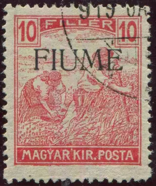 Fiume 1918 - Harvesters 10 filler carmine with machine overprint. Rare. With certificate. - Sassone N. 8a