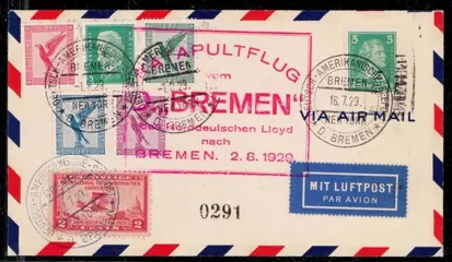 Duitse Rijk 1929 - Rare combined entire postal item, catapult post, steamer “Bremen”