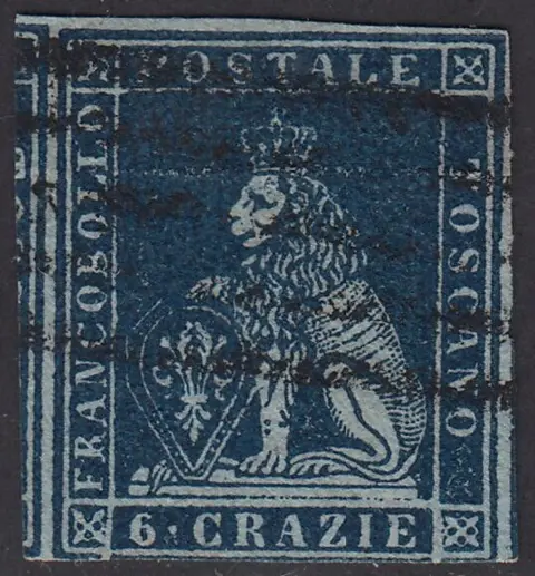 Italiaanse oude staten - Toscane 1851 - I emissione, 6 crazie indaco su carta azzurra e filigrana corona - Sassone N. 7a