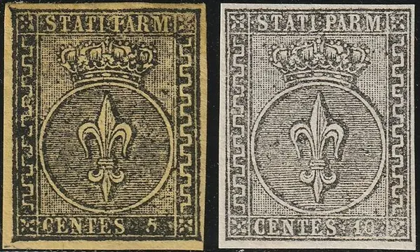 Italiaanse oude staten - Parma 1852 - 1st issue, 5 c. yellow + 10 c. white, wide margins, mint with full gum, luxury, with expert’s report - Sassone n.1+2