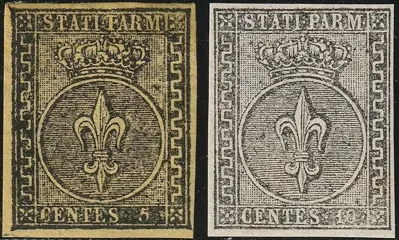 Italiaanse oude staten - Parma 1852 - 1st issue, 5 c. yellow + 10 c. white, wide margins, mint with full gum, luxury, with expert’s report - Sassone n.1+2