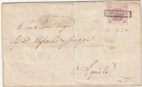 Italiaanse oude staten - Napels 1858 - 2 gr. I^ Tav. lilla rosa ben marginato su sovr. da Sulmona x Aquila rara Certificata - Sassone n.5b
