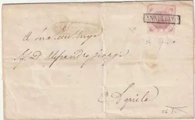 Italiaanse oude staten - Napels 1858 - 2 gr. I^ Tav. lilla rosa ben marginato su sovr. da Sulmona x Aquila rara Certificata - Sassone n.5b