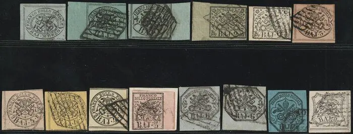 Italiaanse oude staten - Pauselijke Staat 1852 - 1st issue, set of 14 values from 1/2 b. to 8 b. used, all sheet corner/sheet margin, rare, with - Sassone n.1a/3+5/8 +2a+3A+4Ae+5A+5Ab+7a