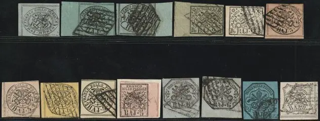 Italiaanse oude staten - Pauselijke Staat 1852 - 1st issue, set of 14 values from 1/2 b. to 8 b. used, all sheet corner/sheet margin, rare, with - Sassone n.1a/3+5/8 +2a+3A+4Ae+5A+5Ab+7a
