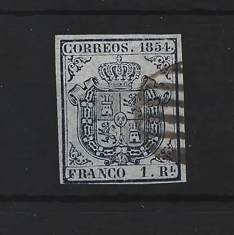 Spanje 1854 - Coat of arms of Spain. 1 real blue - Edifil 34