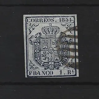 Spanje 1854 - Coat of arms of Spain. 1 real blue - Edifil 34